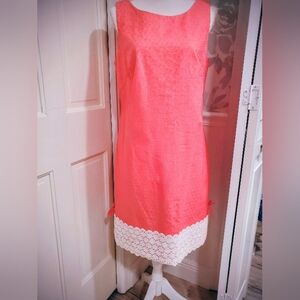 Lilly Pulitzer Fitch Hot Pink-Coral Dress with White Embroidered Lace Hem. 8